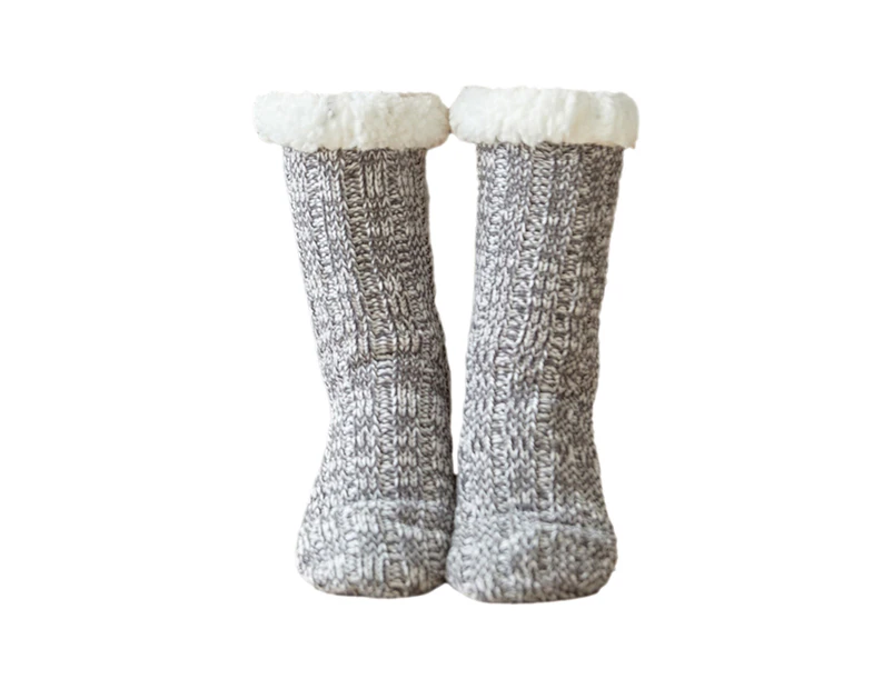 aerkesd 1 Pair Vertical Stripe Non-Slip Silicone Knitted Socks Middle Tube Fleece Lined Women Warm Snow Socks for Christmas-Grey - Grey