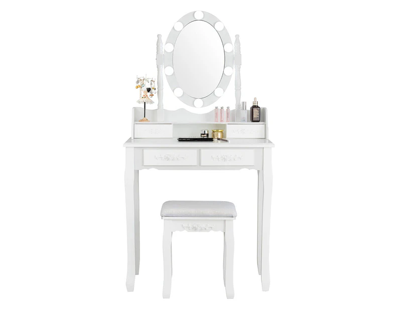 Giantex Vanity Table Set w/10 Brightness Adjustable LED Lights Makeup Dressing Table w/ Oval Mirror 4 Drawers Cushioned Stool,White