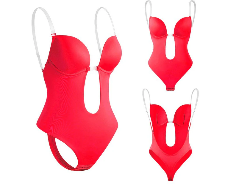 Women Plunging Deep V-neck Body Shaper Backless Bra Bodysuit Shapewear U Plunge Seamless Thong Full Bodysuits Red