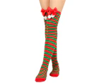 Womens Solid/Striped Long Stockings Christmas Bow-Knot Thigh High Socks Costume - Red Green Stripe/Red Fur Ball
