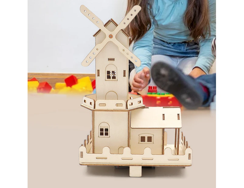 Three-dimensional Wooden Dutch Windmills Lighting Effect Easy-assembled 3D Dutch Windmills Toys for School