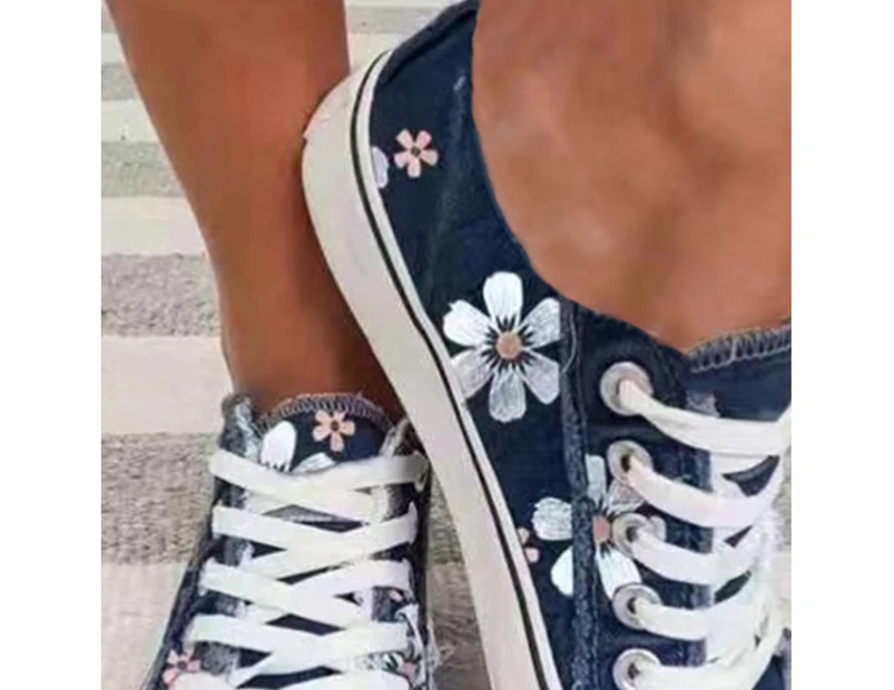 Lace Up Canvas Shoes Non-Slip Rubber Sole Flower Print Low Cut Flat Shoes Footwear
