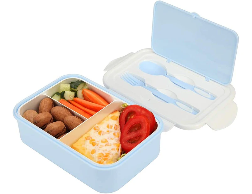 Lunch Box, Bento Box Lunch Box With 3 Compartments And Cutlery, 1400ml Snack Box, Microwave Heating For Children And Adults - Blue