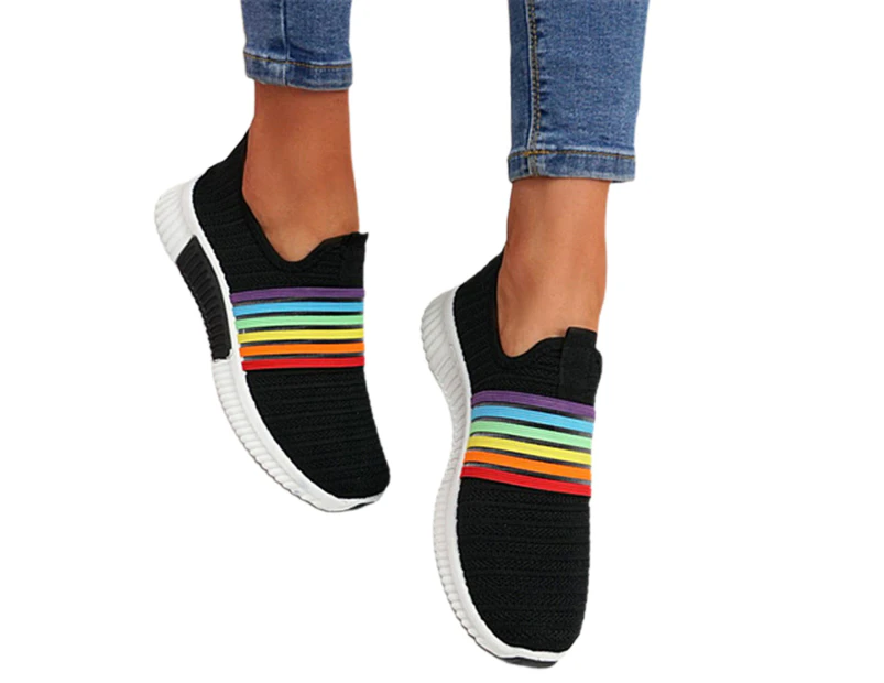 Women Rainbow Stripes Slip On Work Shoes Anti Skid Breathable Sock Sneakers