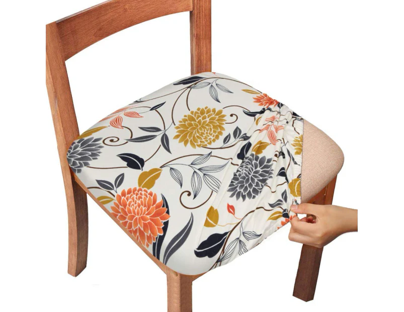 Chair Seat Covers Stretch Printed Chair Covers Elastic Ties Button Removable Washable Dining Upholstered Chair Protector Seat Cushion-PACK-4-Flower