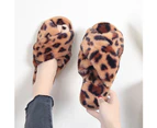 Women Leopard Cross Band Soft Plush Fluffy Slippers Open Toe Warm Bedroom Shoes