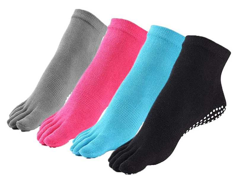 4 Pairs Yoga Socks Non Slip Skid Pilates Barre Grip Socks With Toes Cotton  For Women Men -Black,grey,blue,red - Black,grey,blue,red