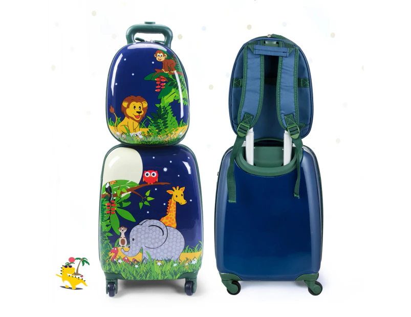 Costway 2PC Kids Luggage Set Travel Trolley 16''+13'' Suitcase Backpack Set Carry On Bag - Jungle, Kids Gift