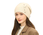 Knitted Hat Slouchy Plain Color Good Stretchy Rhinestone Decor Comfortable Touch Keep Warm Elegant Women Knit Skull Beanie Winter Hat for Holiday Beige