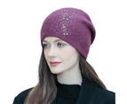 Knitted Hat Slouchy Plain Color Good Stretchy Rhinestone Decor Comfortable Touch Keep Warm Elegant Women Knit Skull Beanie Winter Hat for Holiday Red