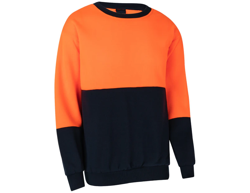 Hi Vis Reflective Pullover Jumper Fleece Sweatshirt Crew Neck Safety Workwear - Fluro Orange / Navy