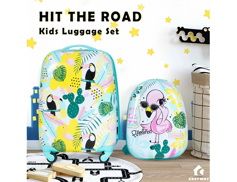 Costway 2PC Luggage Set Kids Travel Trolley 16"+13" Suitcase Backpack Set Carry On Bag, Cute Flamingo Pattern, Kids Gift