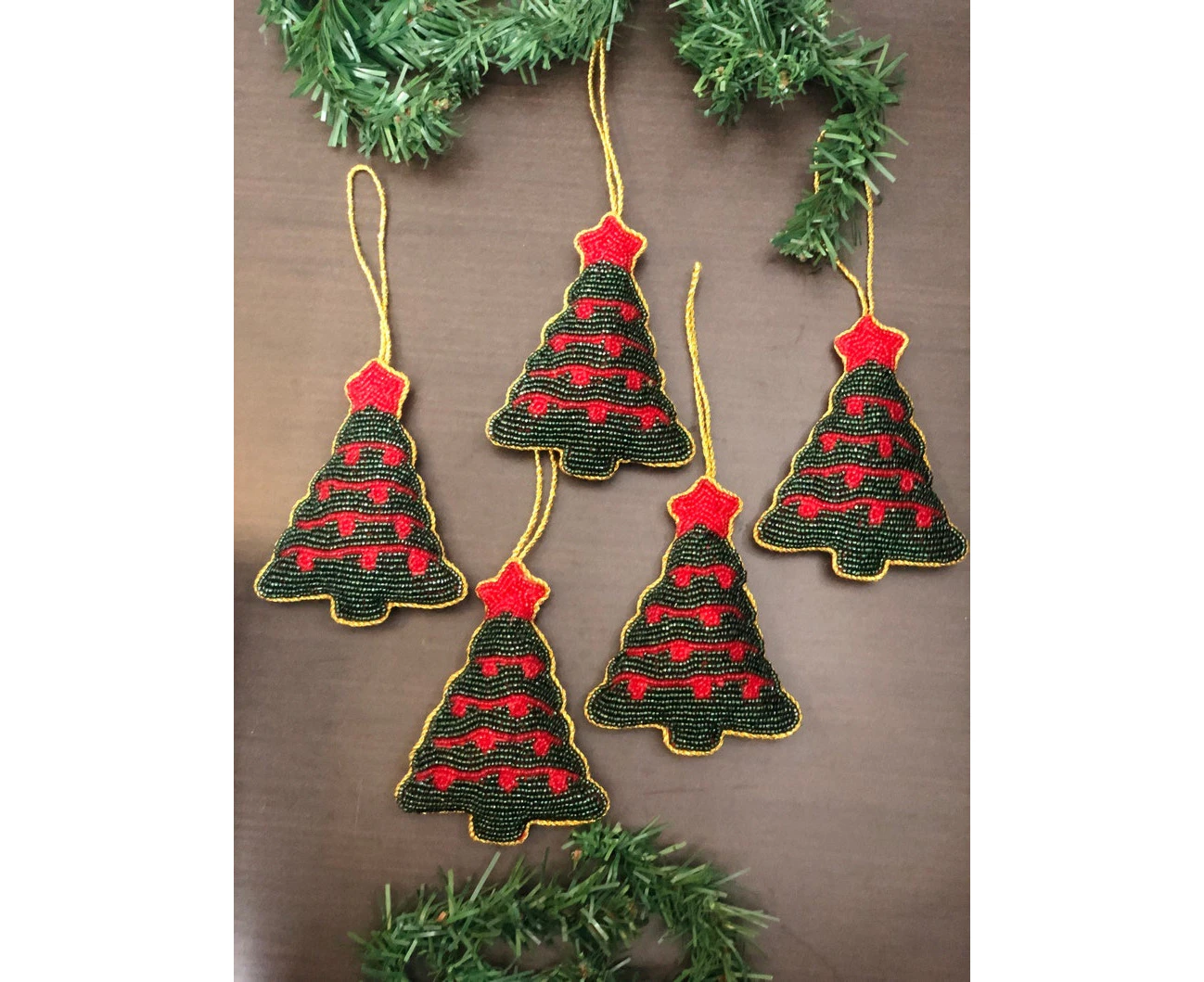 Master Piece Crafts Set of 6 Green Red Christmas Tree Ornaments