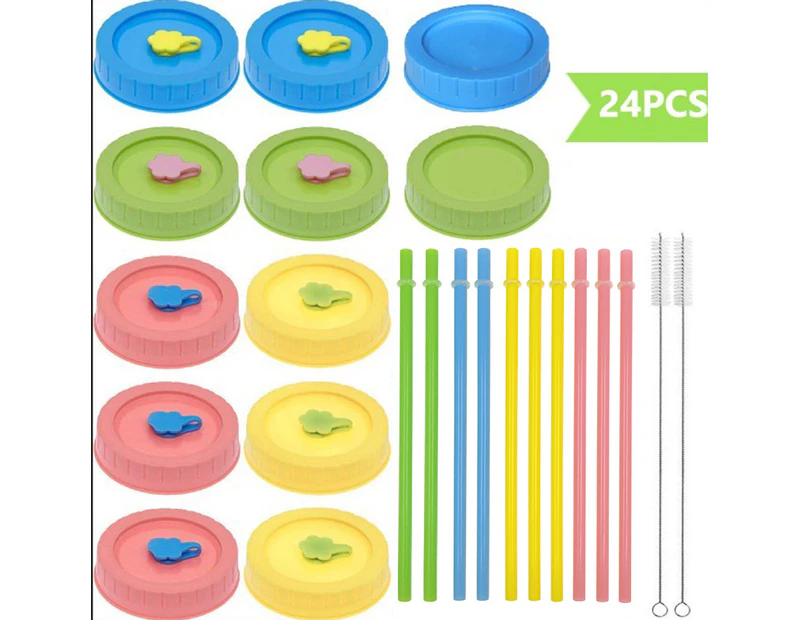 24pcs Mason Jar Lid Kit24pcs Regular Mouth Mason Jar Lids with Straw Hole/Plastic Straws