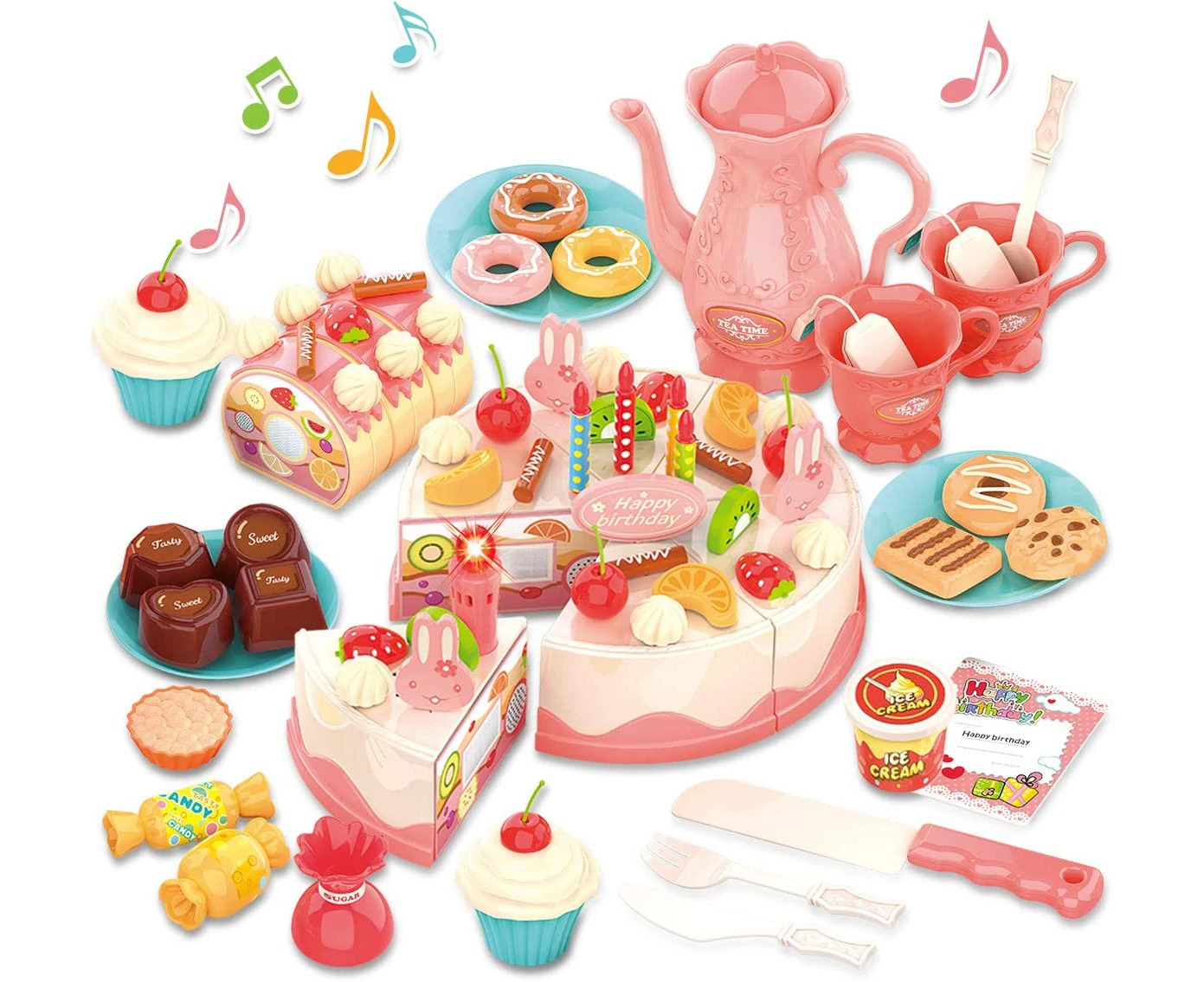 Birthday Cake Toy with Lights & Birthday Music, Pretend Play Cutting Food Kitchen Toy with Tea Set Bread Roll, Chocolate, Sandy & Dessert, Gift for Girls B