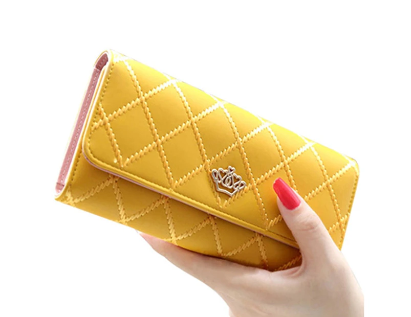 Women Quilted Crown Clutch Long Purse Faux Leather Wallet Card Holder Handbag Yellow