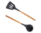2 Pcs Kitchen Cooking Utensils Set, Wooden Handle Non-stick Silicone Kitchen Gadgets Utensil Set (Grey)