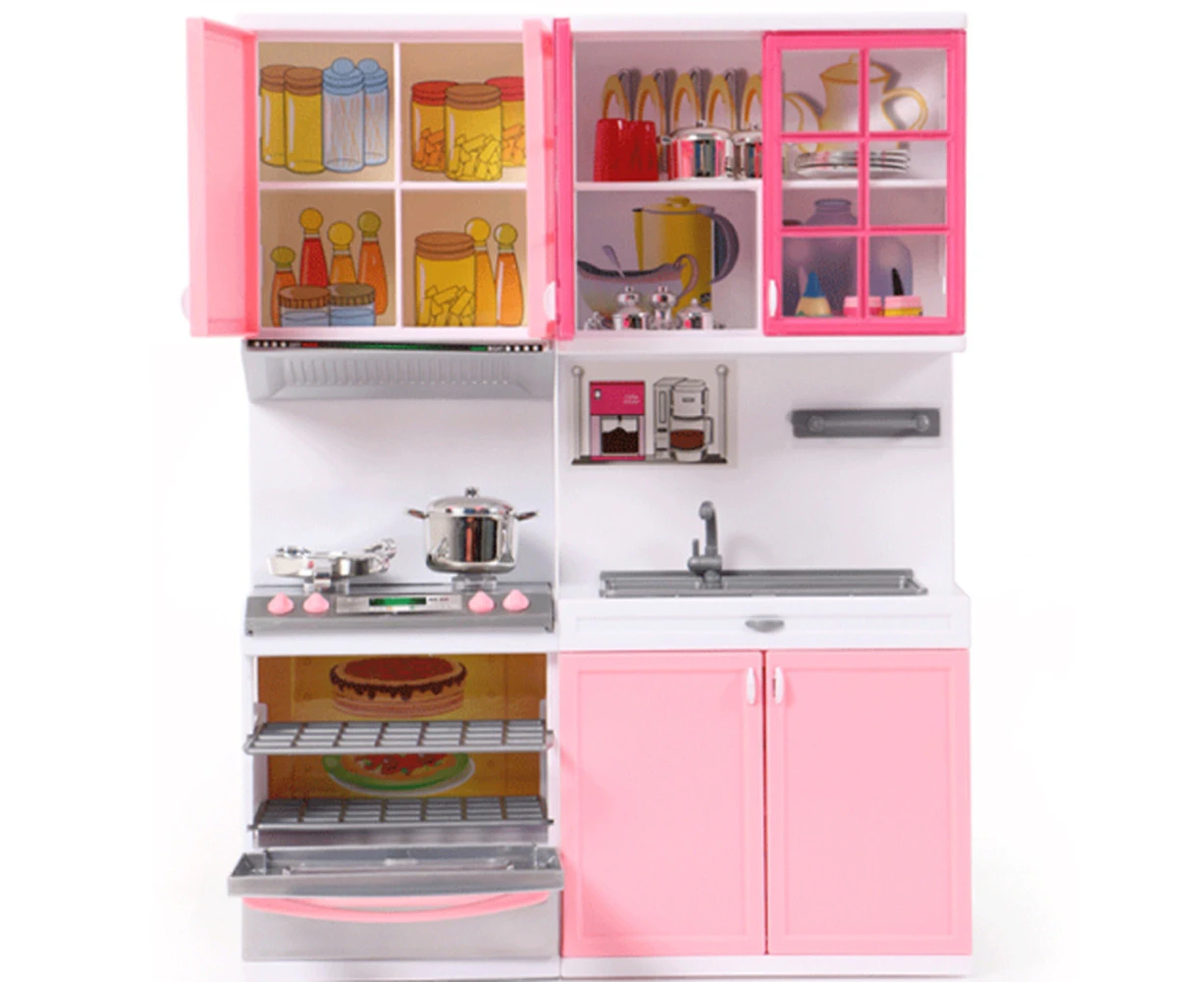 Mini Doll House Furniture LED Music Stove Fridge Kids Pretend Play Cooking Toy - Pink