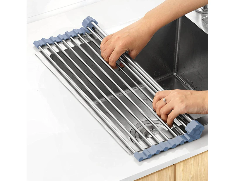 Dish Drying Rack, Roll Up Dish Drying Rack Kitchen Dish Rack Stainless Steel Sink Drying Rack, Gray (17.8''x11.8'')
