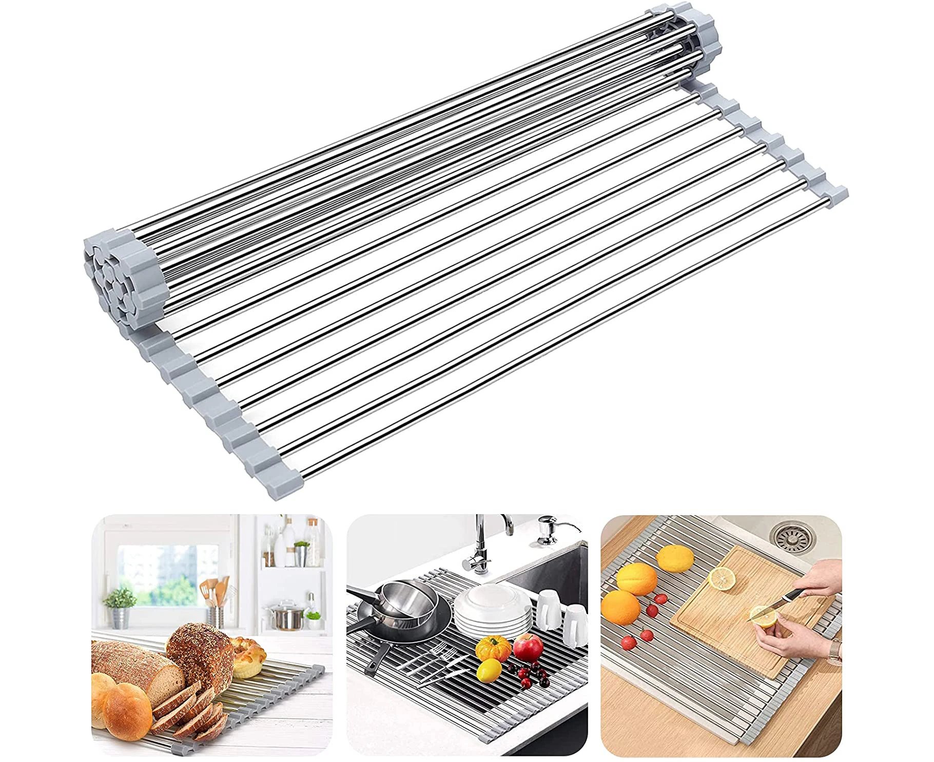 Roll-Up Dish Drying Rack 17"x 13.5" - Foldable Multipurpose Heat Resistant Stainless Steel Kitchen Rollup Dish Drainer Over Sink Mat - Silicone Coated Rims