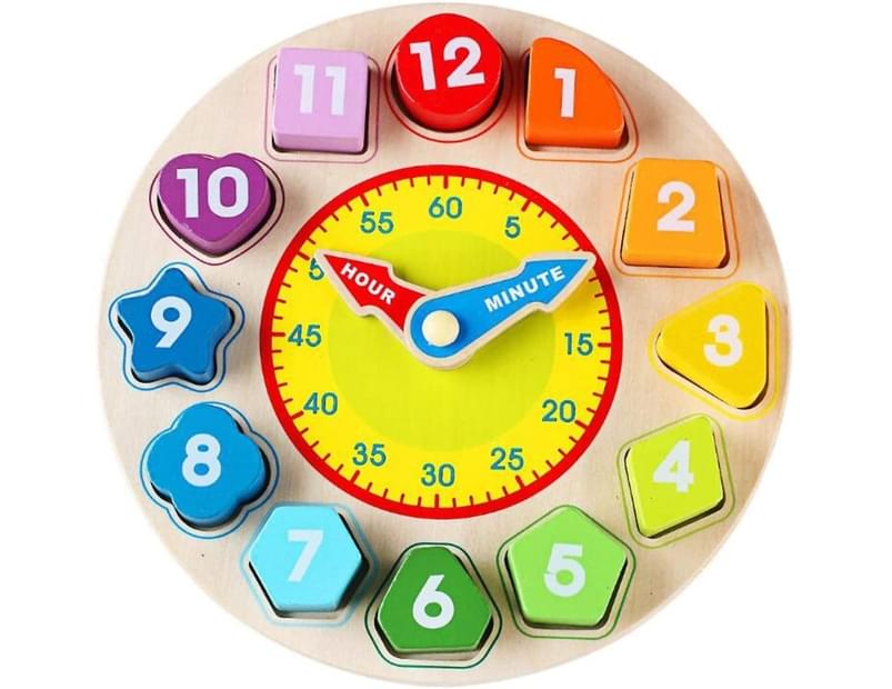 catch.com.au | Children's time clock toy Wooden time learning shapes sorting colours game Montessori early education maths set Children's puzzle game