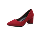Bojdue Women Faux Leather Low Mid Block Heel Work Office Pumps Pointed Court Shoes-Red