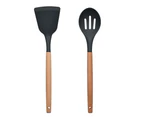 2Pc Non Stick Silicone Utensil Set with Rounded Wood Handles for Cooking and Baking