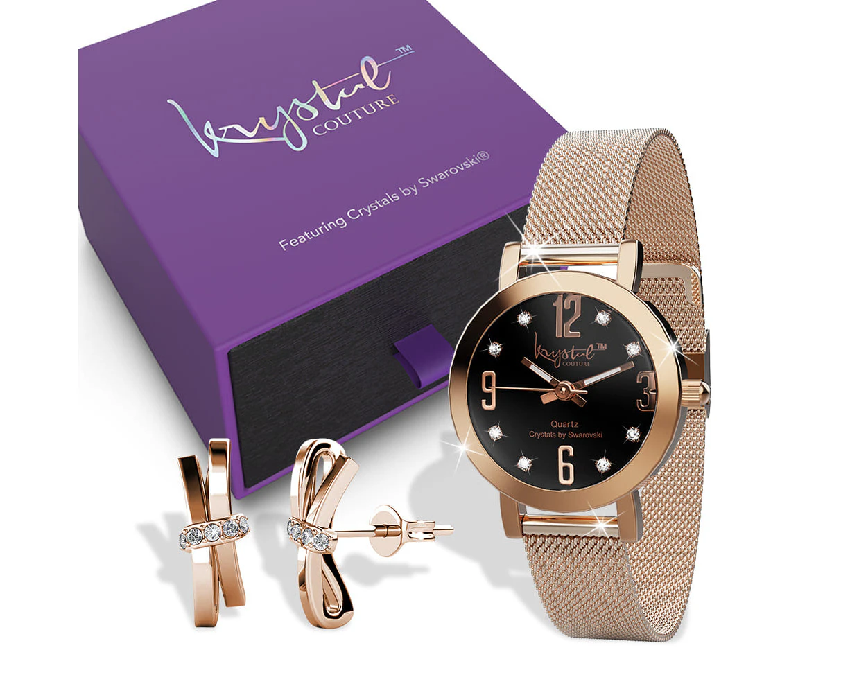 Boxed Rose Gold Watch & Earrings Set With SWAROVSKI Crystals Embellishment