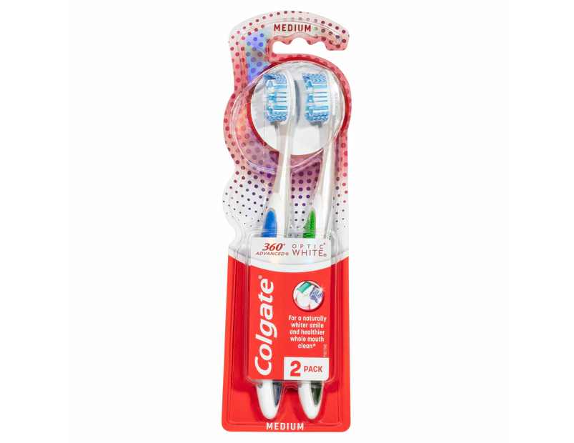 Colgate 360 Optic White Platinum with 2 whitening actions Toothbrush Medium Value 2-Pack