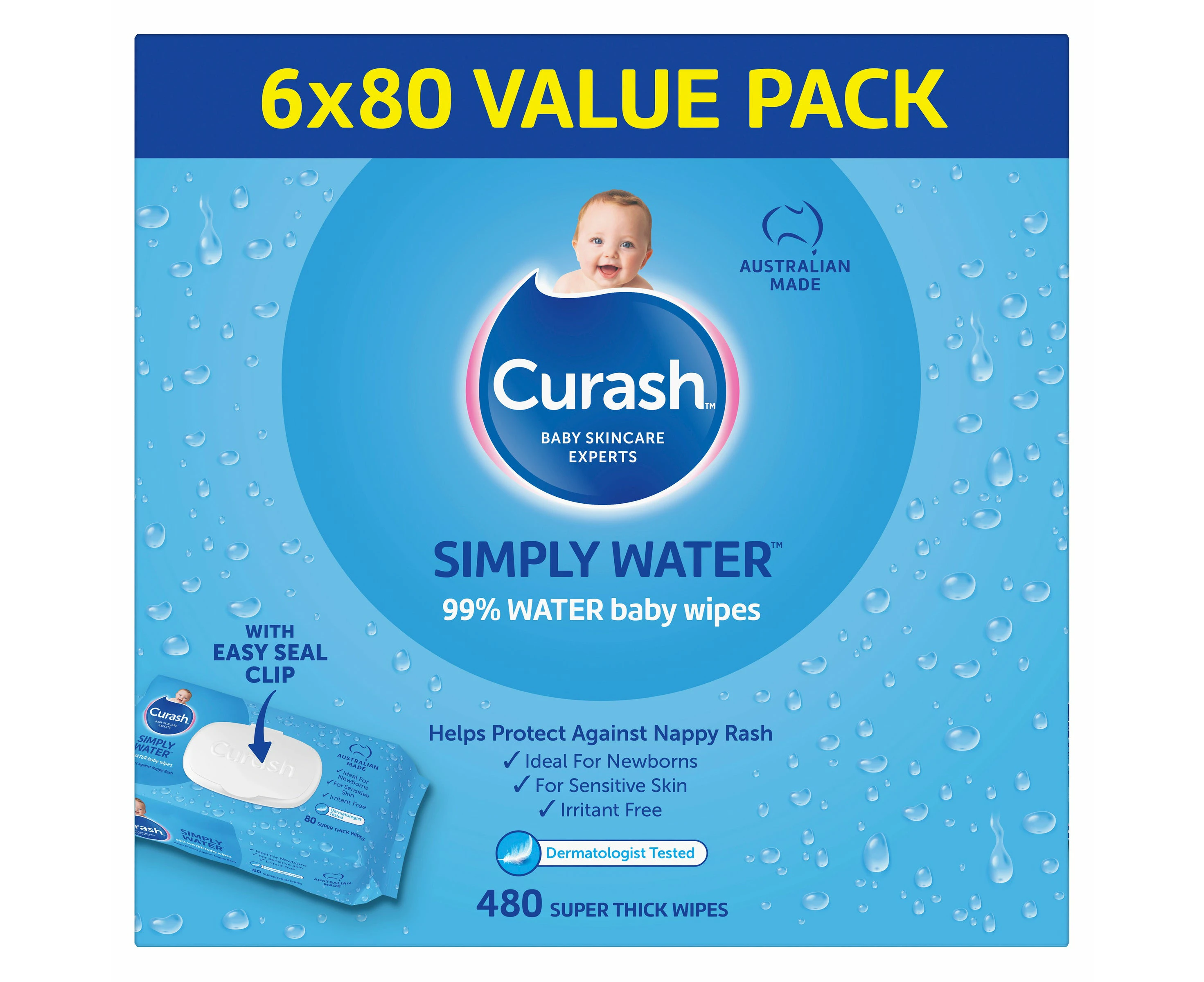 Curash Simply Water Baby Wipes (6x80) Carton of 480's