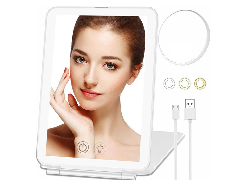 Touch Screen Makeup Mirror with 10X Magnifying Round Mirror USB Rechargeable Cosmetic Mirror Portable Make Up Mirrors-White
