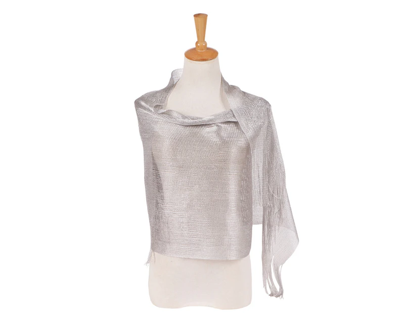 Glossy Solid Color Tassels Soft Banquet Evening Party Women Shawl Scarf Wrap Silver