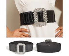 Women Belt Solid Color Elasticity Rhinestones Faux Leather Dress Belt Cummerbund Clothes Accessory Black
