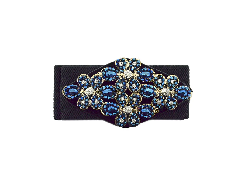 Women Handmade Rhinestone Inlaid Flower Wide Waist Belt Elastic Dress Waistband Royal Blue