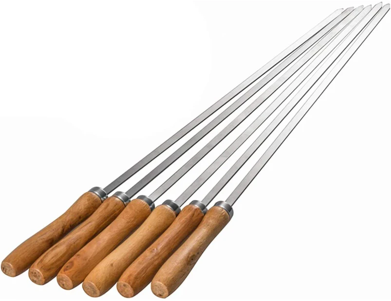 Set of 6 Stainless Steel Flat Skewers with Wooden Handle BBQ Grill 42cm6 thin flat and round sticks