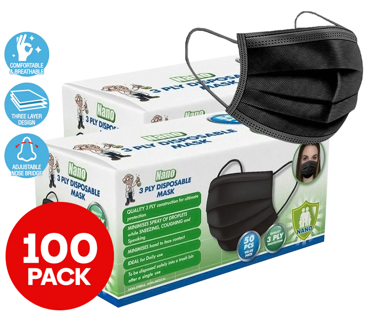 2 x 50-Pack Nano 3 Ply Disposable Protective Face Masks - Black