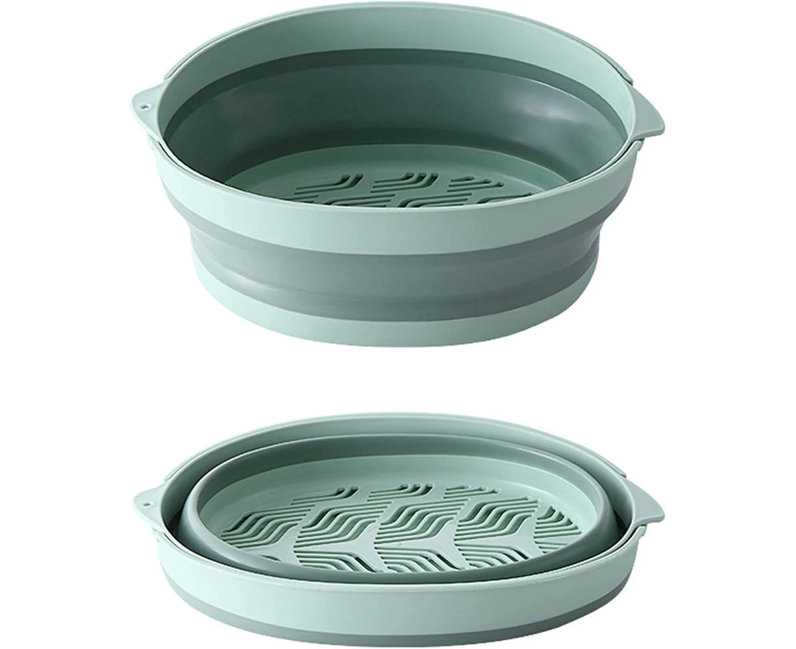 2-in-1 Washing Fruits Strainer Sets,Folding Kitchen Collander Strainers Double-layer Drain Basin and Basket(green,12.2x10.4x4.9in)