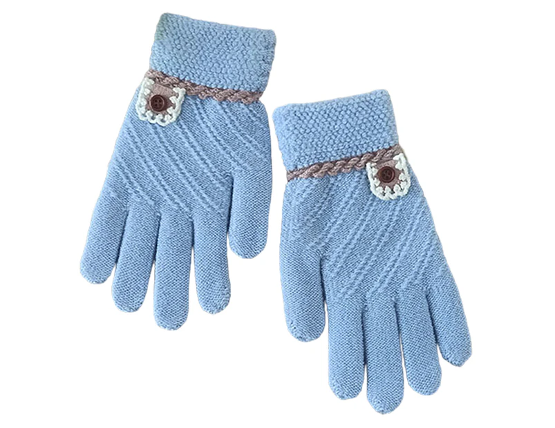 1 Pair Child Gloves Stretchy Skin-friendly Keep Warm Braid Button Winter Gloves for Outdoor Light Blue