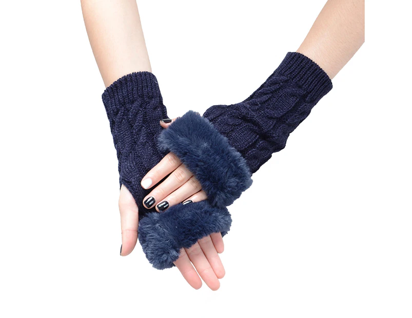 1 Pair Warm Gloves Breathable Good Thermal Insulation Arm Warmer Fingerless Knitted Long Gloves for Writing Navy Blue