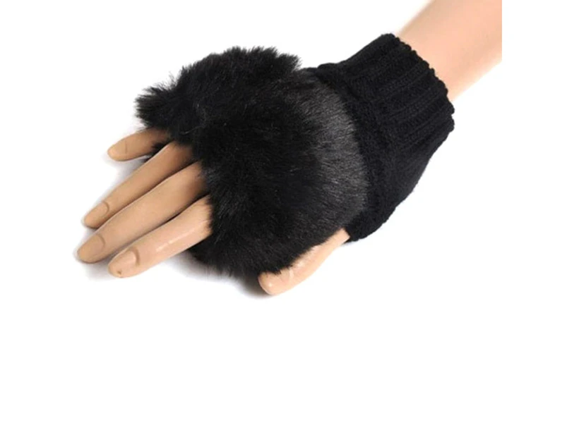 Fashion Women Faux Rabbit Fur Hand Wrist Warmer Winter Fingerless Knitted Gloves Black
