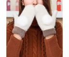Women Winter Cute Warm Pompom Faux Rabbit Fur Knitted Full Finger Mittens Gloves Coffee