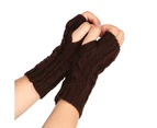 Women Solid Color Half Finger Thumb Hole Gloves Knitted Winter Wrist Arm Warmer White