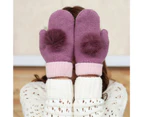 Women Winter Cute Warm Pompom Faux Rabbit Fur Knitted Full Finger Mittens Gloves Dark Gray