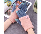 Women Winter Bowknot Double Layer Touch Screen Full Finger Knitted Gloves Mitten Grey + Blue