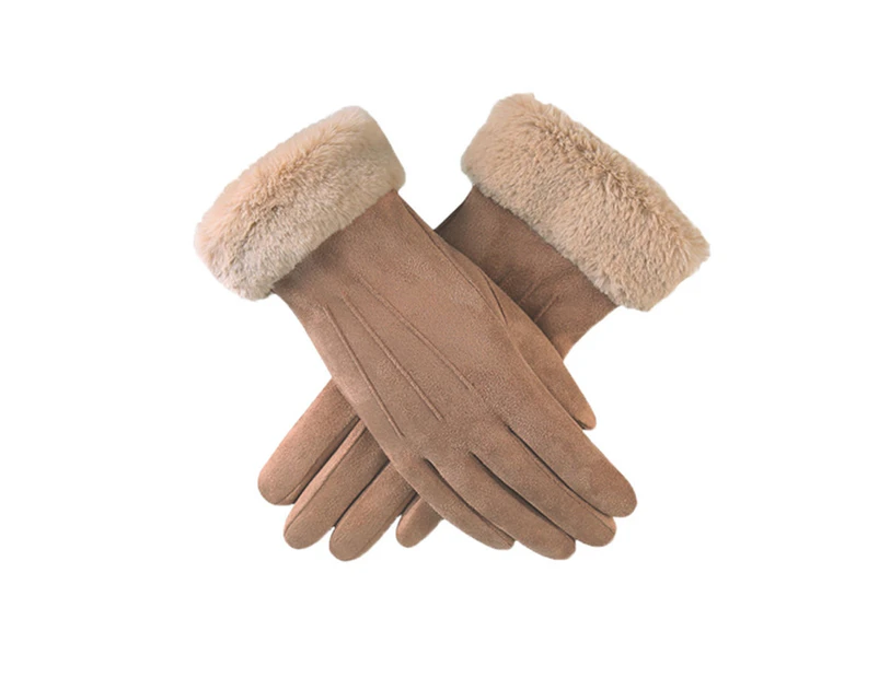 Women Lined Full Finger Gloves Thicken Warn Faux Suede Touch Screen Mittens Khaki