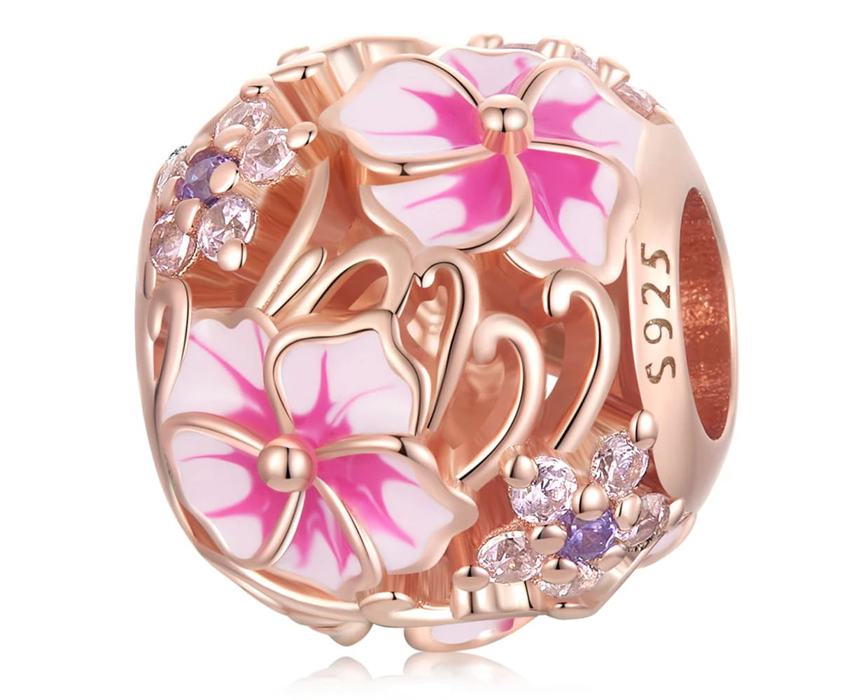 Solid 925 Signature Silver Blossom Filigree Charm In Rose Gold