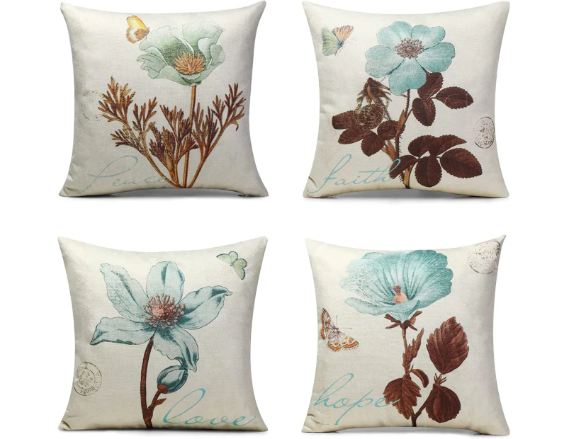 Pack of 4 Throw Pillow Covers 18 x 18, Decorative Floral Linen Pillow Cover for Living Room Bedroom, Couch Sofa Chair Bed Pillow Covers Home Outdoor,