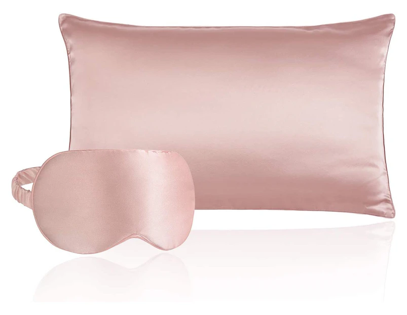 Natural Silk Pillowcase with Eye Mask, 100% Grade 6A Mulberry Silk Envelope Pillow Cover-Standard-Pink