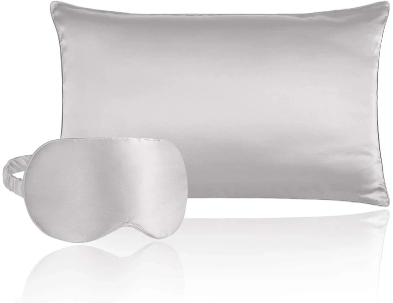 Natural Silk Pillowcase with Eye Mask, 100% Grade 6A Mulberry Silk Envelope Pillow Cover-Standard-Grey