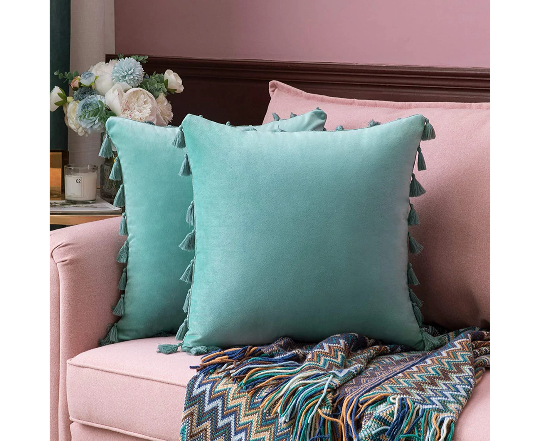 Set of 2 velvet cushion covers tassel cushion covers decorative sofa cushions tassel decorative cushions decorative cushion covers couch-Knickentengrün